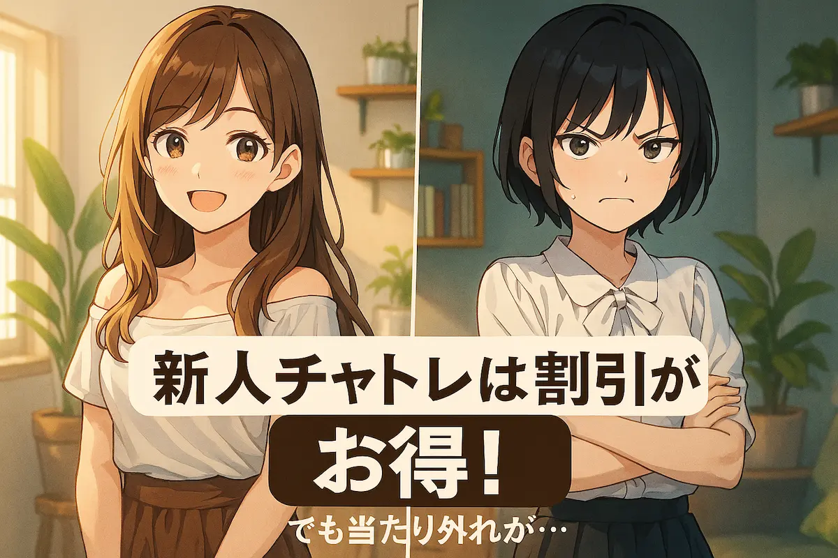 割引がお得な新人チャトレを紹介するアニメ風イラスト。にこにこした女性と怒った女性の対比で当たり外れの差を表現。