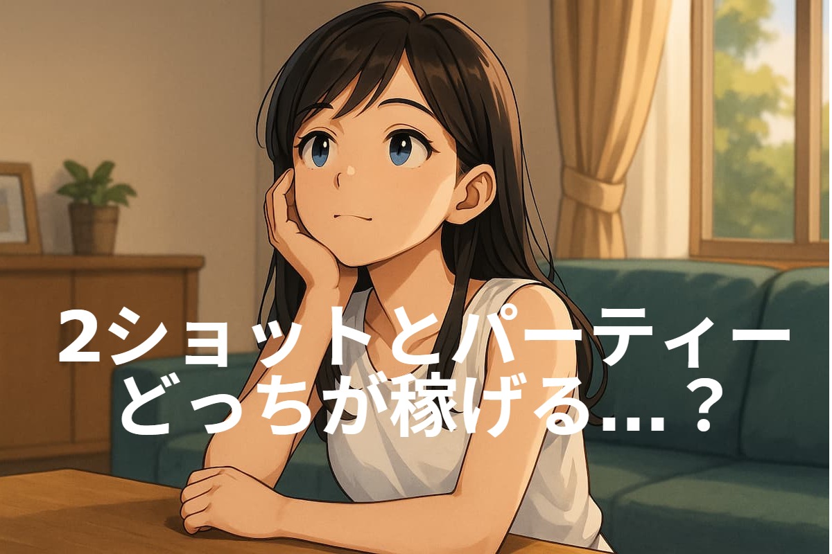 2ショットとパーティーのどちらが稼げるのかを考えているチャットレディの画像