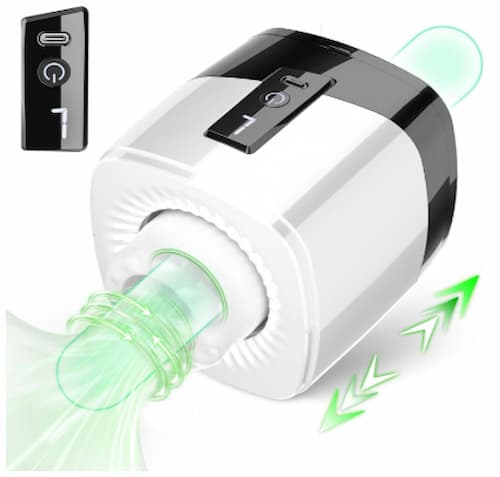 口コミで人気の電動オナホ「極楽発射の王者！貫通式の回転ピストン」のパッケージ画像。