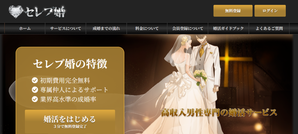 目的・趣味別でおすすめの婚活「セレブ婚」の公式トップページ画像。